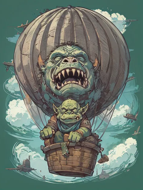 an orc monster is sleeping and it is hold up on the sky by hot air balloon