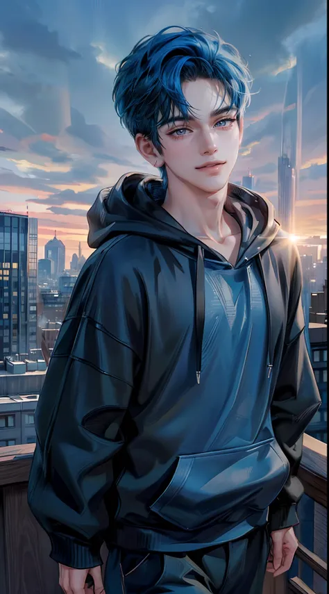 ((4K works))、​masterpiece、(top-quality)、One Beautiful Boy、Slim body、tall、((Attractive street style in black hoodie))、(Detailed beautiful eyes)、Fantastic British cities、Daytime city、((Walking through a city in the UK))、((Daytime bright sky))、((Cities in Uni...