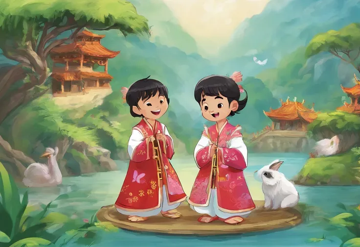 Bob is a seven or eight-year-old Chinese boy, Dressed in Zhuang costumes, He talks and laughs with his friends, Guilin scenery background, 电影灯光.