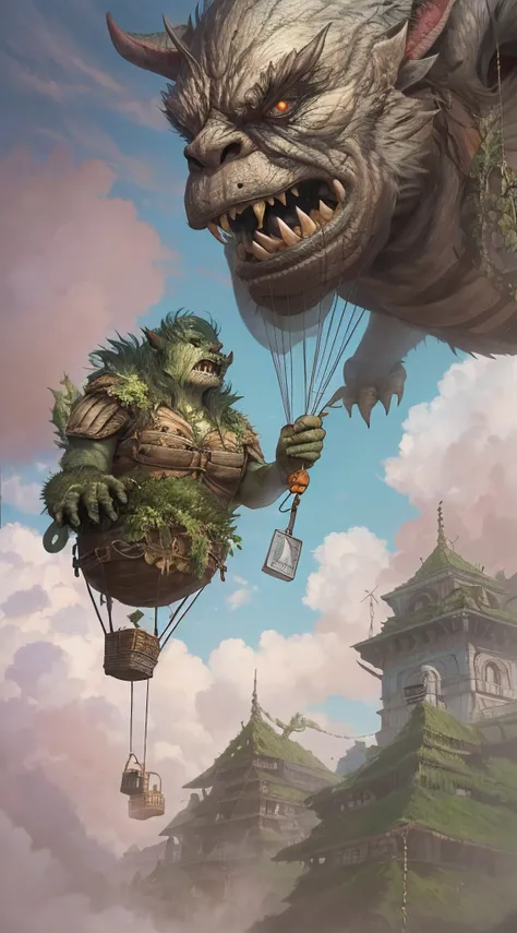 an orc monster is sleeping and it is hold up on the sky by hot air balloon