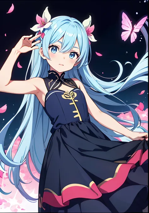 Anime girl in blue dress with flowers, Light blue long hair、Twin-tailed、Cute anime waifu in a nice dress, loli in dress, rem rezero, offcial art, Anime princess, Lori, beatrice blue, zerochan art, royal elegant pose, official artwork, splash art anime loli...