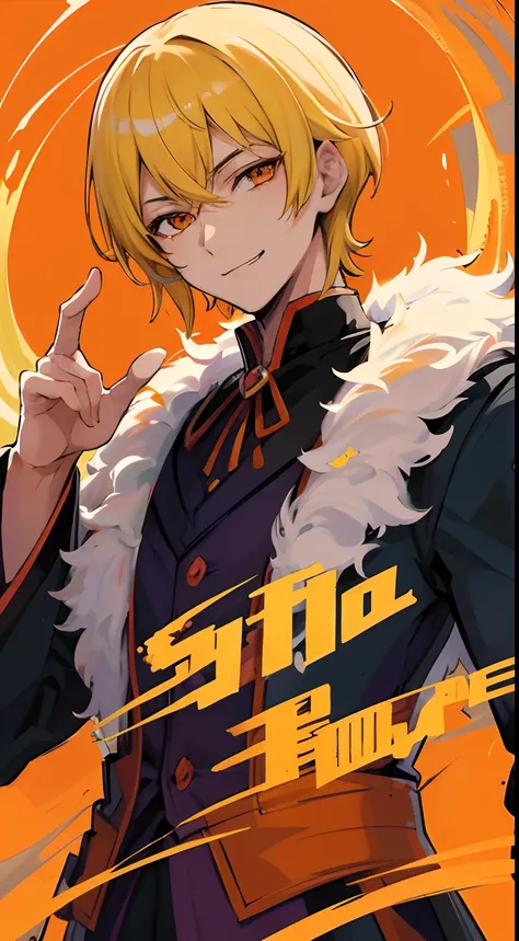 Japanese anime, acrylic gouache, Beautiful young man, Blonde, Short hair, Orange Eyes, Evil smile, slit-eyes, Rococo gentlemans costume, palace background, Night,High quality, amount of drawing, pixiv illustration