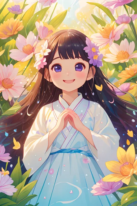 photoRealstic、A smile、Water droplets on the cheeks、In a cute pose、Flowing iridescent silk、up of face、Eye Up、Colorcon with heart pattern、Floral dress、Making a heart with both hands、There are also flowers in the foreground、flower petals、season!!: 夏天☀ 🍂