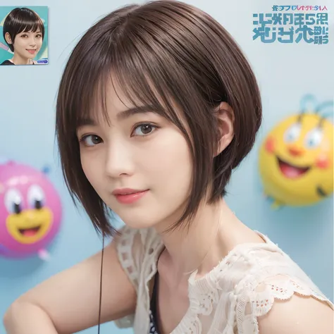 56
(a 20 yo woman), (A hyper-realistic), (masutepiece), (Short bob cut:1.46), Hairstyle with visible ears, (Medium chest), kindly smile, (Graphics with cartoon characters sweating)