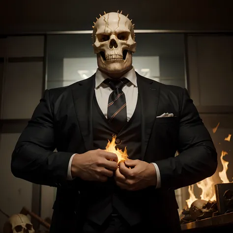 Ghost rider , muscled with huge pecs , hugge torso , huge arms , with a skull head like  with fire , in suit with a tie ans spikes