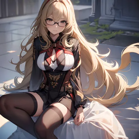 (Best quality, close-up,8k,raytracing,1 girl, solo, masterpiece, detailed long brown_blonde hair, wavy hair, round glasses, brown_red eyes, mouth open, sharp canine teeth, (vampire girl)), gorgeous girl, sitting on marble ruins, looking at viewer, (large b...