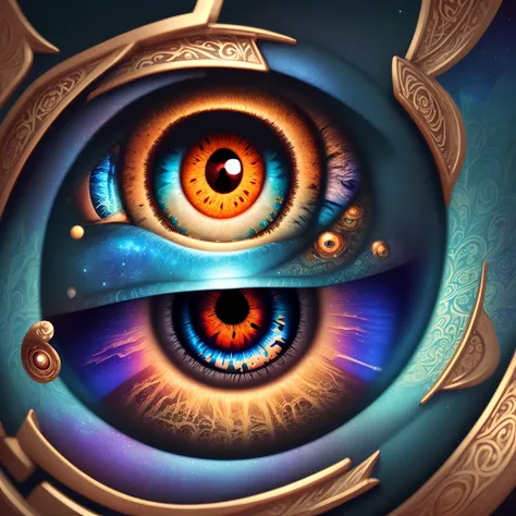 An intricately designed and stylized eye with a luxurious, cosmic feel, surrounded by ornate patterns and vibrant colors, representing the curiosity of exploring the unknown.