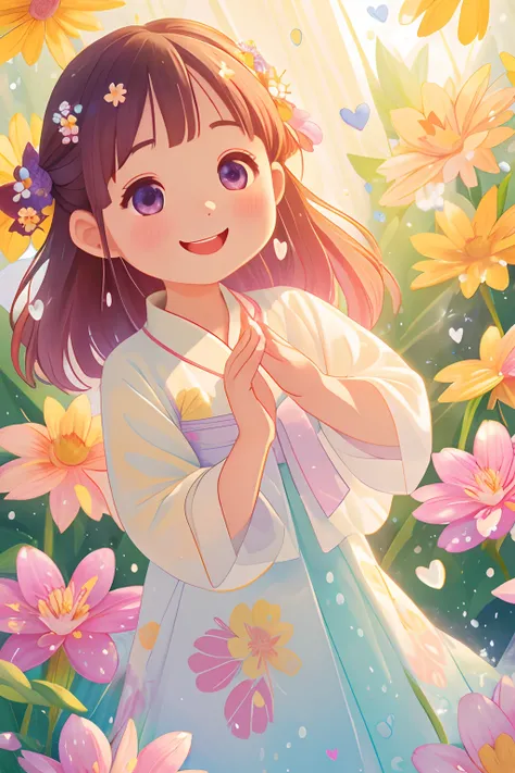 photoRealstic、A smile、Water droplets on the cheeks、In a cute pose、Flowing iridescent silk、up of face、Eye Up、Colorcon with heart pattern、Floral dress、Making a heart with both hands、There are also flowers in the foreground、flower petals、season!!: 夏天☀ 🍂