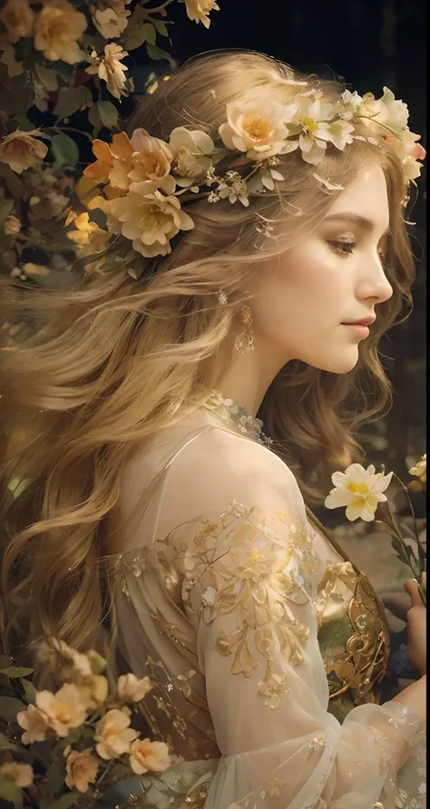 high quality, 8K Ultra HD, full color, etching aquatint, fine lines and shadows, In the heart of Floral Fantasy Wonderland, behold a captivating and ethereal spirit of a beautiful maiden, gracefully adorned with the essence of blooming flowers. Her golden ...