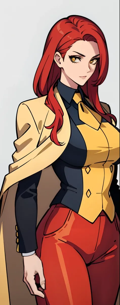 Beautiful tall lady with red hair and yellow eyes super realistic and well designed suit outfit