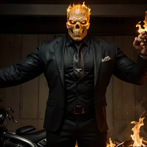 Ghost rider , muscled with huge pecs , hugge torso , huge arms , with a skull head like  with fire , in suit with a tie ans spikes