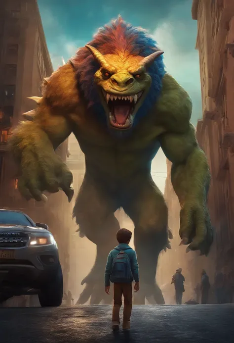 menino, carrying a small monster on his shoulder,Wandering the streets of the city,illustartion,Detailed character design,dynamicpose,urban environment,Works of art in mixed media,Colorful,grainy textures,highly detailed background,Impressive lighting,real...