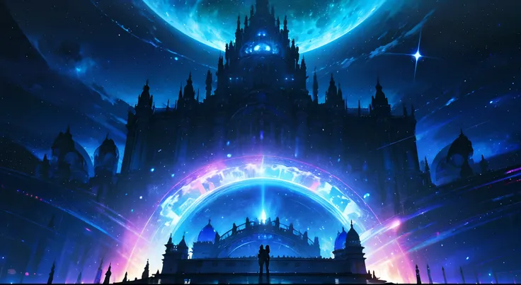 Galactic Palace,Arquitectura extraterrestre,Estructura majestuosa,advanced technology,Viajes interestelares,futuristic design,flotando sobre un paisaje celestial,Decoraciones ornamentadas,Luces brillantes,Grandes techos abovedados,Pilares imponentes,Gran e...