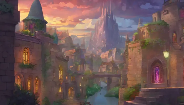 City of light magic, cloaked in perpetual evening dusk. The streets are white brick stone, and the building are an elegant white marble with colorful stained glass windows. The streets are lit with floating orbs of magic. There are small rivers and waterfa...