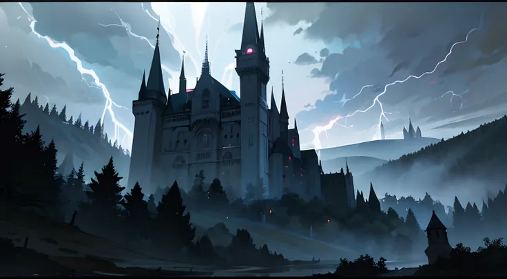 a gothic castle at night, in the middle of a hill, with lightning and thunder, in the middle of the night, with vampire aesthetics, a dark sky at night, a Transylvanian castle, with lightning, lightning and thunder, with a gloomy atmosphere , horror, with ...