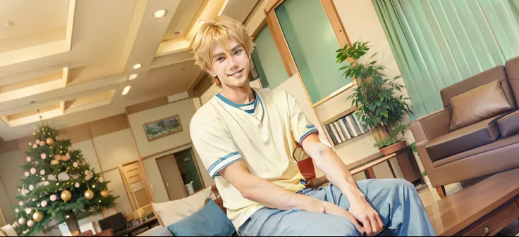 anime - style image of a man sitting on a chair in a living room, blonde - haired anime boy, young anime man, handsome anime pose, anime handsome man, tall anime guy with blue eyes, anime portrait of a handsome man, hajime yatate, smileing nright, rin, ken...