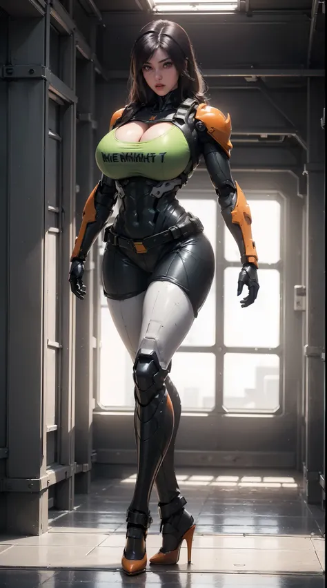 (1GIRL, SOLO:2), (super detailed face), (BIG BUTTOCKS, HUGE FAKE BREASTS:1.5), (CLEAVAGE TOP:1.5), (MUSCLE ABS:1.3), (MECHA GUARD ARMS:1.4), ((ORANGE, NEON GREEN MECHA OVERWATCH ARMORED, BLACK MECHA SKINTIGHT SUIT HOTPANTS, MECHA GUARD ARMOR LEGS, HIGH HEE...