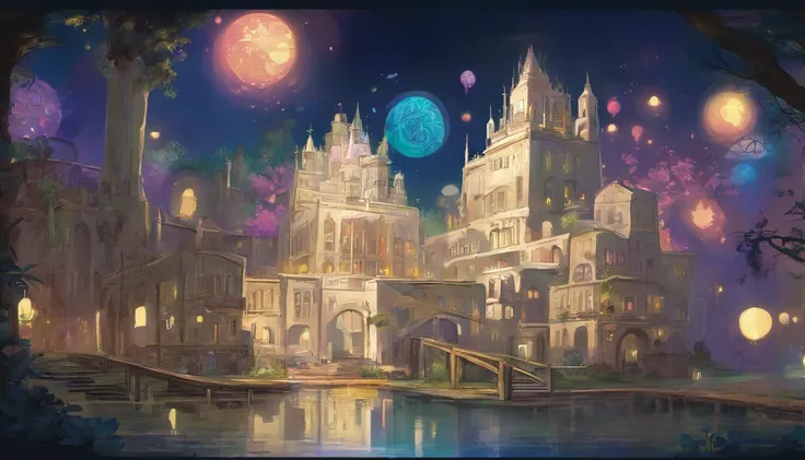 City of white magic under a night sky. The streets are white stone, and the building are an elegant white marble with colorful stained glass windows. The streets are lit with floating orbs of magic. There are small rivers and waterfalls running through the...