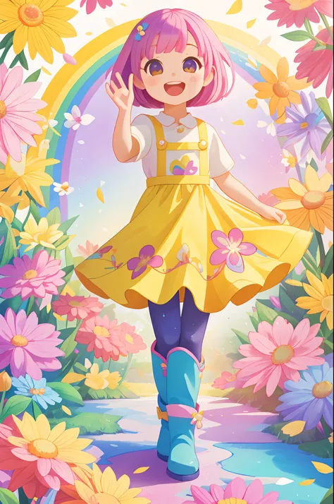 Stand in front of the photo、1girl in,Full body,a short bob, rainbow color Hair,long boots,Open mouth and big smile、kawaii pose、Flowing iridescent silk、up of face、Eye Up、Colorcon with heart pattern、Floral dress、There are flowers even in front of you、flower ...