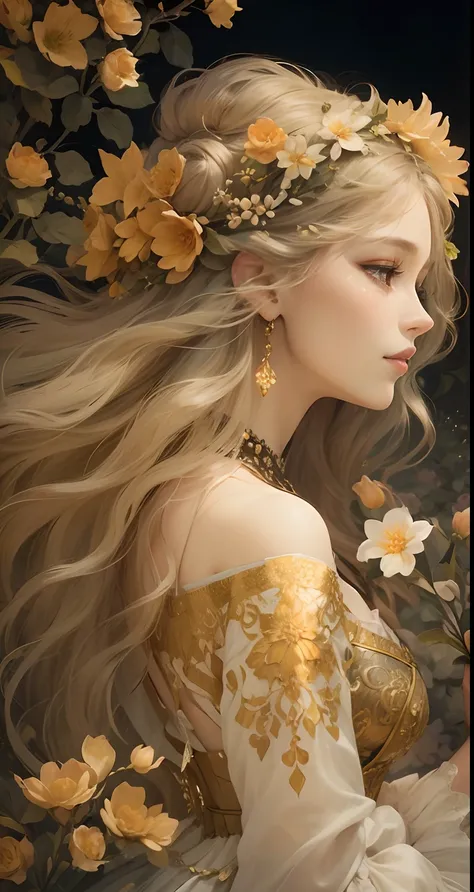 high quality, 8K Ultra HD, full color, etching aquatint, fine lines and shadows, In the heart of Floral Fantasy Wonderland, behold a captivating and ethereal spirit of a beautiful maiden, gracefully adorned with the essence of blooming flowers. Her golden ...