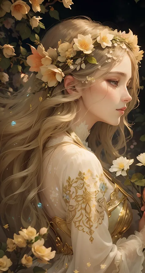 high quality, 8K Ultra HD, full color, etching aquatint, fine lines and shadows, In the heart of Floral Fantasy Wonderland, behold a captivating and ethereal spirit of a beautiful maiden, gracefully adorned with the essence of blooming flowers. Her golden ...