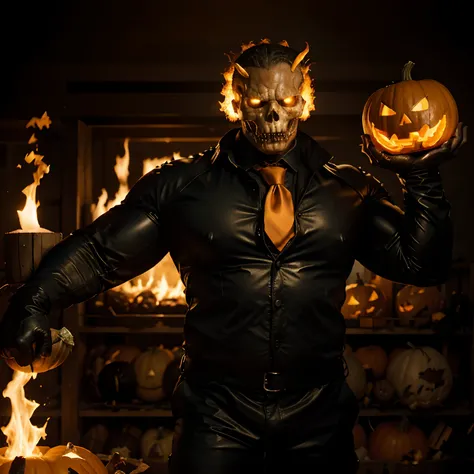 Ghost rider , muscled with huge pecs , hugge torso , huge arms , with a pumpkin on his head like halloween with fire , in suit with a tie ans spikes