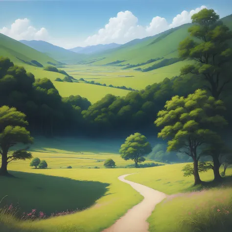 Realistic, Real, Beautiful and stunning landscapes, oil paintings, Studio Ghibli, Hayao Miyazaki, petals, grasslands, blue sky, grasslands, country roads,Building, --V6