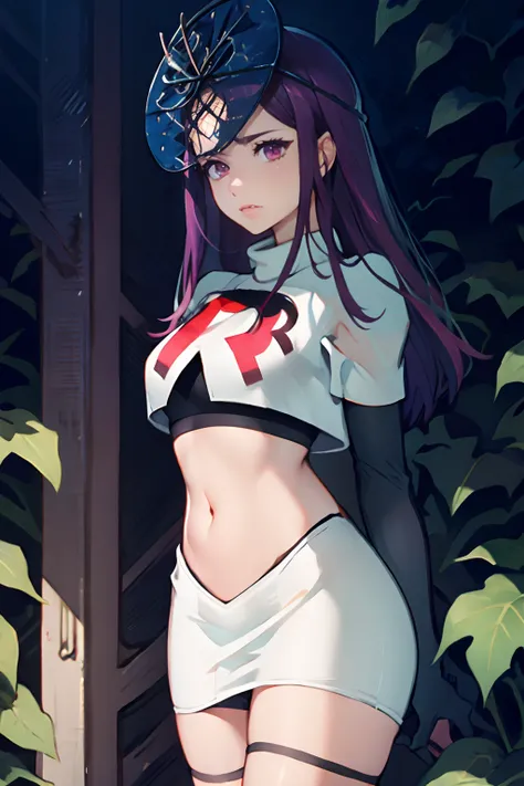 ivy fe, team rocket,team rocket uniform, red letter R, white skirt,white crop top,black thigh-highs,black elbow gloves, purple hair