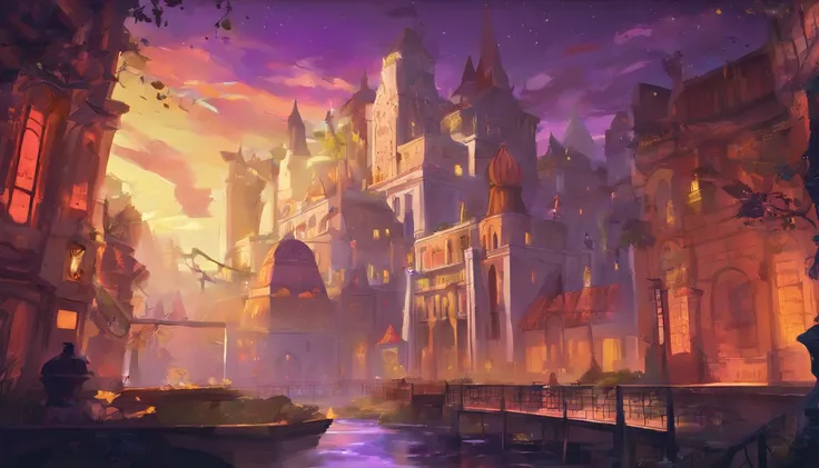 City of magic under a night sky. The streets are white stone, and the building are an elegant white marble with colorful stained glass windows. The streets are lit with floating orbs of magic. There are small rivers and waterfalls running through the city,...