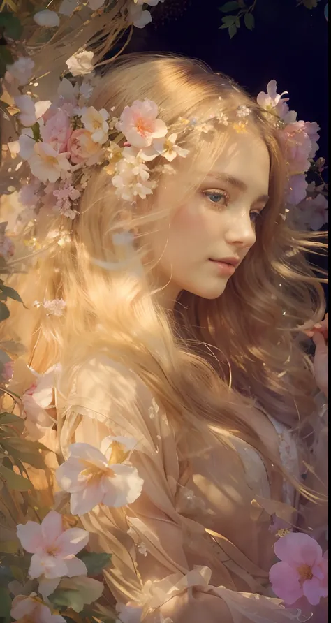 high quality, 8K Ultra HD, full color, etching aquatint, fine lines and shadows, In the heart of Floral Fantasy Wonderland, behold a captivating and ethereal spirit of a beautiful maiden, gracefully adorned with the essence of blooming flowers. Her golden ...