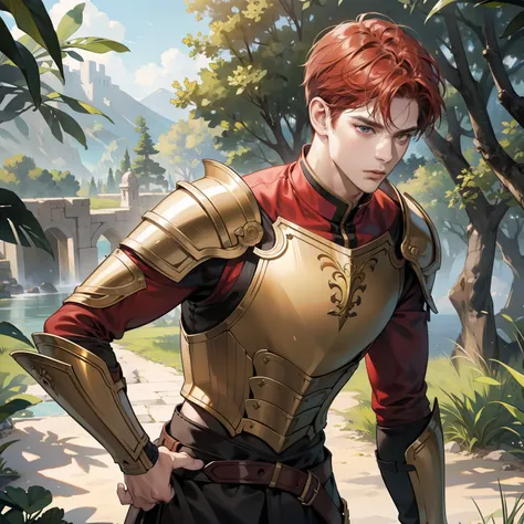 Masterpiece, high quality, best quality, HD, realistic, perfect lighting, detailed body, 1 man, short red hair, gold t-shirt, calm expression, wearing armor, in the nature