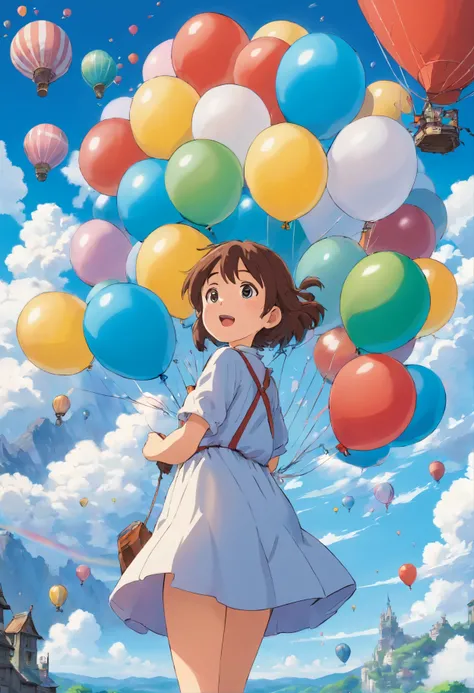 one-girl, Balloon in hand, In the background are a lot of balloons that have lifted off.blue-sky