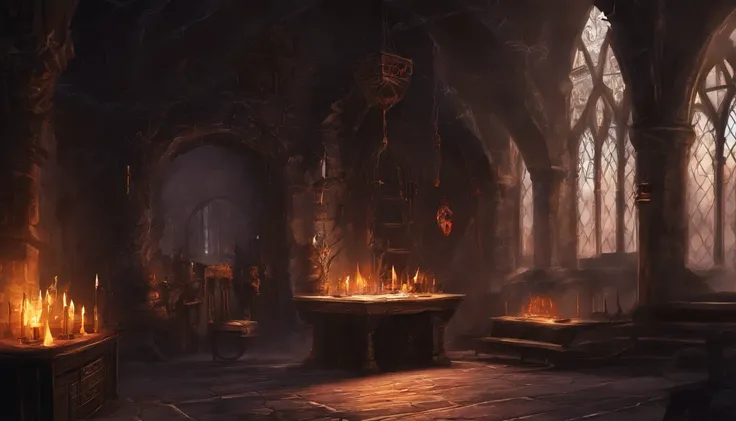 A dark sorcerers living quarters in a castle. The court mages chambers.