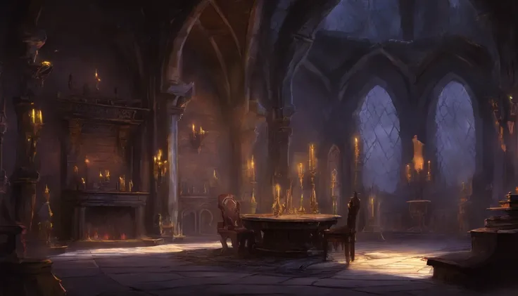 A dark sorcerers living quarters in a castle. The court mages chambers.