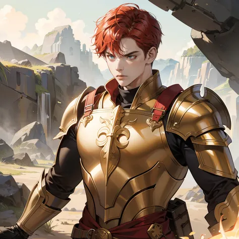 Masterpiece, high quality, best quality, HD, realistic, perfect lighting, detailed body, 1 man, short red hair, gold t-shirt, angry expression, wearing armor, in the nature