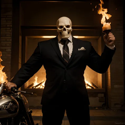 Ghost rider , muscled with huge pecs , hugge torso , huge arms , with a skull head like  with fire , in suit with a tie ans spikes