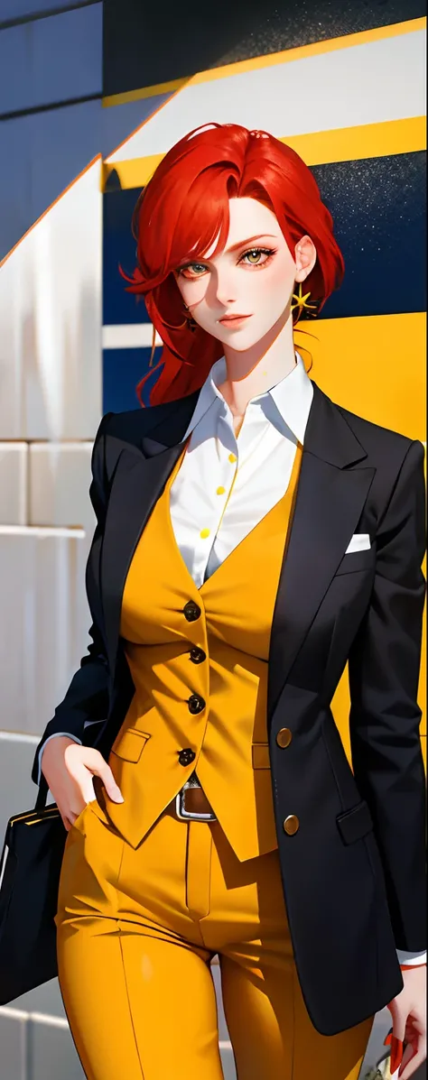 Beautiful tall lady with red hair and yellow eyes super realistic and well designed suit outfit