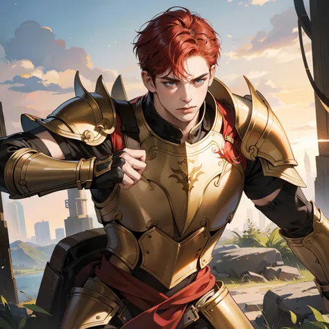 Masterpiece, high quality, best quality, HD, realistic, perfect lighting, detailed body, 1 man, short red hair, gold t-shirt, mad expression, wearing armor, in the nature