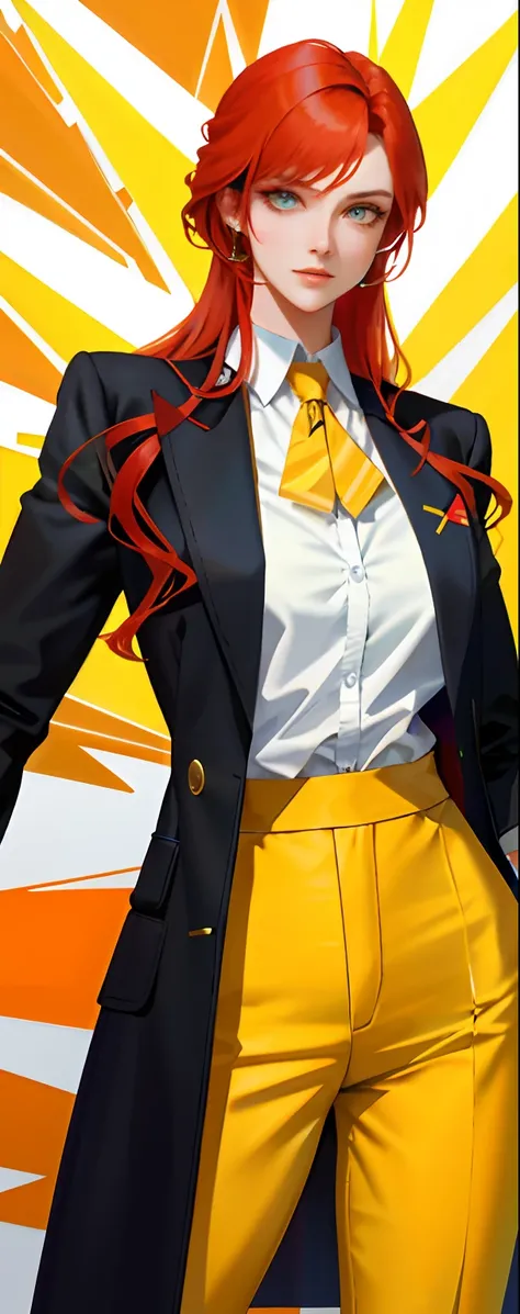 Beautiful tall lady with red hair and yellow eyes super realistic and well designed suit outfit