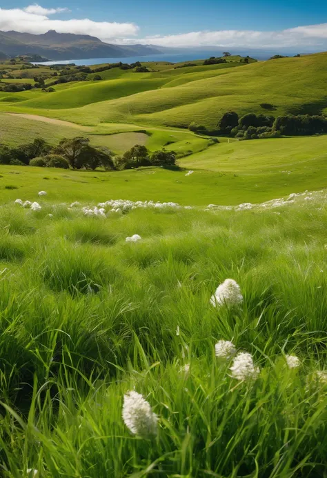 Green meadow，((White flock))，White cloudless sky，new zealand，4K，k hd