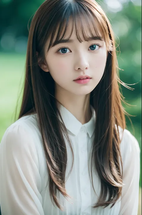 (in 8K,Raw photography,Highest Quality,realisitic,Photorealsitic,extremely delicate and beautiful,Highly detailed,finely detail,ultra-detailliert,hight resolution:1.3),japanes, femele、(17 age)、Viewers Perspective　Beautiful and shiny straight semi-long hair...