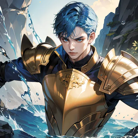 Masterpiece, high quality, best quality, HD, realistic, perfect lighting, detailed body, 1 man, short blue hair, gold t-shirt, mad expression, wearing armor, water elemen background.