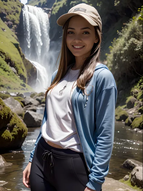 Young female tourist at waterfall, bright sunshine, hiking clothes, pullover, long pants, highres,4k,HDR,1girl, photorealistic, realistic,sweat skin, wet clothes, wet body, soaked, dripping, smiling at viewer, closeup