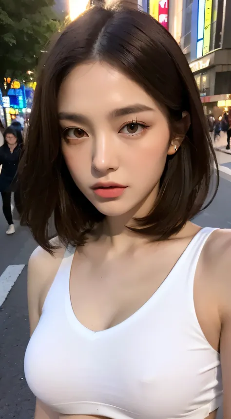 ((Realistic lighting, Best quality, 8K, Masterpiece: 1.3)), Clear focus: 1.2, 1girl, Perfect Figure: 1.4, Slim Abs: 1.1, ((Dark brown hair)), (White crop top: 1.4), (Outdoor, Night: 1.1), City streets, Super fine face, Fine eyes, Double eyelids,