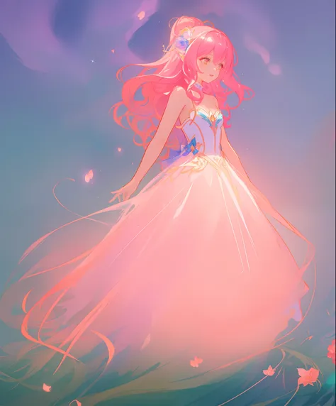 beautiful girl, puffy shimmering layered ballgown, vibrant pastel colors, (colorful), long flowing hair, magical lights, sparkling magical liquid, inspired by Glen Keane, inspired by Lois van Baarle, disney art style, by Lois van Baarle, glowing aura aroun...