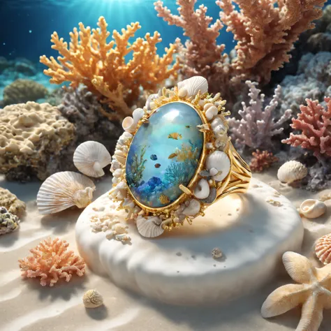 Product image of the ring，Gold ring set with Boulder opals ，Surrounded by delicate shells and corals，rays of sunshine，（nature elements），（Marine theme），（swell sea），butterflys，Silver shells
masterpiece，（Very detailed CG unity 8K wallpaper），（best qualtiy），（Mo...