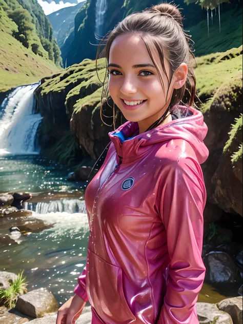 Young female tourist at waterfall, bright sunshine, warmly dressed, bright clothing, highres,4k,HDR,1girl, photorealistic, realistic,sweat skin, wet clothes, wet body, soaked, dripping, smiling at viewer, closeup