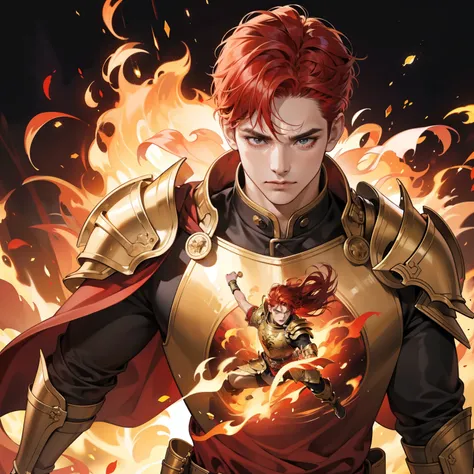 Masterpiece, high quality, best quality, HD, realistic, perfect lighting, detailed body, 1 man, red hair falls down, gold t-shirt, mad expression, wearing armor, fire elemen background.