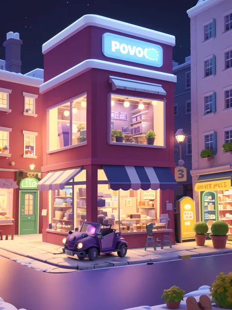 Small shop on a single floor，E-commerce style，Portet，arte 3D，C4D，3Drenderingof，Light traction，claymaterial，pixar trend，Popmart blind box，Animated lights，depth of fields，super detailing，Soft purple，Solid model，Night background，Fine shine，with light glowing，...