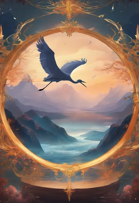 Round frame，There are cranes in the upper part of the circle，There are three mountains in the middle，Underneath are the waves，